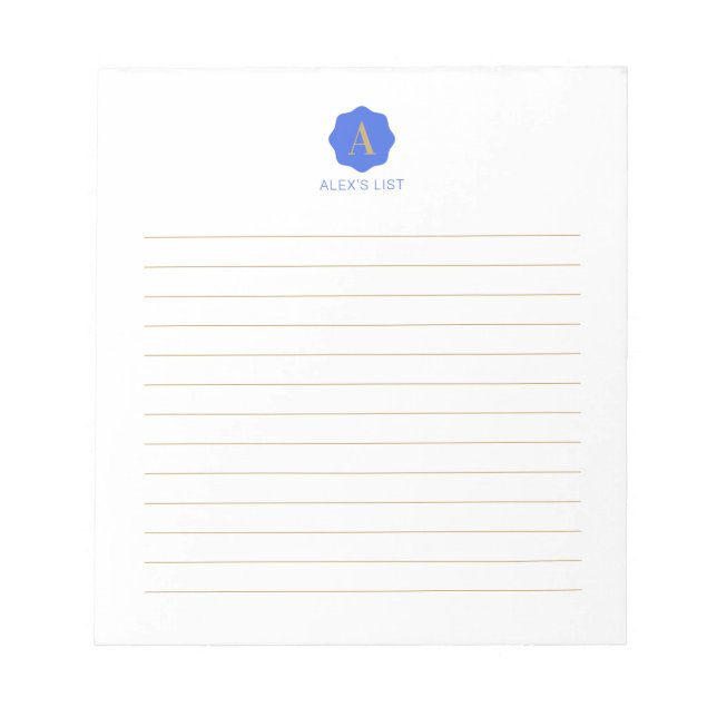Bloc-note Or & Bleu Simple Monogramme Moderne Personnalisé (Devant)