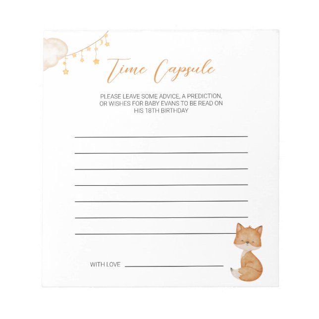 Bloc-note Orange Cute Fox Baby shower temps Capsule (Devant)