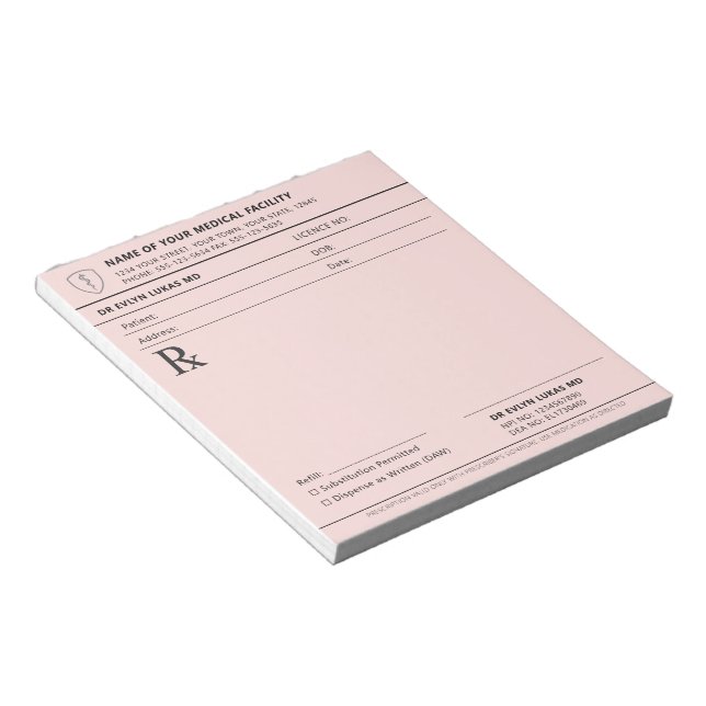 Bloc-note Ordonnance médicale éditable rose pastel (Incliné)