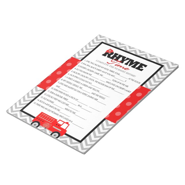 Bloc-note Pack de jeu Baby shower de rime de camion de pompi (Incliné)