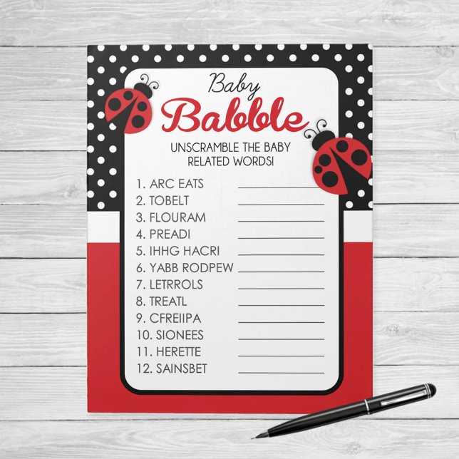 Bloc-note Pack de jeu de Baby shower de débogage de Word (Ladybug Baby Babble Word Unscramble Baby Shower Game)
