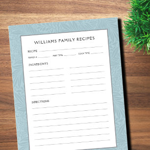 Bloc-note Page Recette Nom de famille Floral bleu vintage