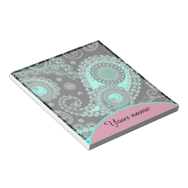 Bloc-note Paisley Turquoise et rose personnalisé (Incliné)