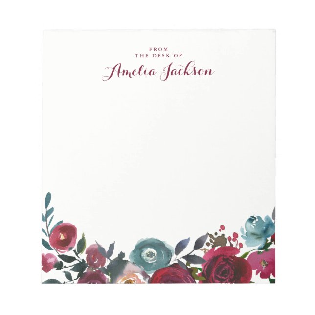 Bloc-note Papeterie de note personnalisée florale Bourgogne  (Devant)