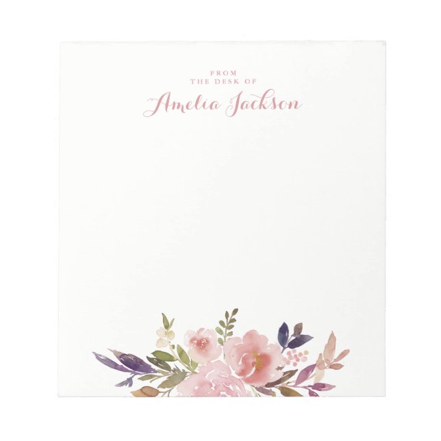Bloc-note Papeterie personnalisée fleurs aquarelle rose (Devant)