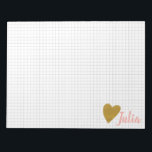 Bloc-note Papier Grille Personnalisée Gold Heart<br><div class="desc">Un design minimaliste simple et moderne,  alliant votre nom à un coeur d'or en faux parties scintillant mignon et une grille en gris pâle. Cliquez simplement sur personnaliser pour ajouter du texte ou des images supplémentaires. Contactez-moi pour toute question ou demande.</div>
