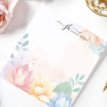 Bloc-note Papier personnalisé floral aquarelle pastel Lotus<br><div class="desc">Ce bloc-notes personnalisé présente de délicates fleurs de lotus pastel dans un design aquarelle doux, créant une esthétique tranquille et élégante. Parfait pour les amoureux de la nature, les amateurs de yoga et ceux qui apprécient la papeterie apaisante. Personnalisez le texte en haut pour une touche unique, ce qui en...</div>