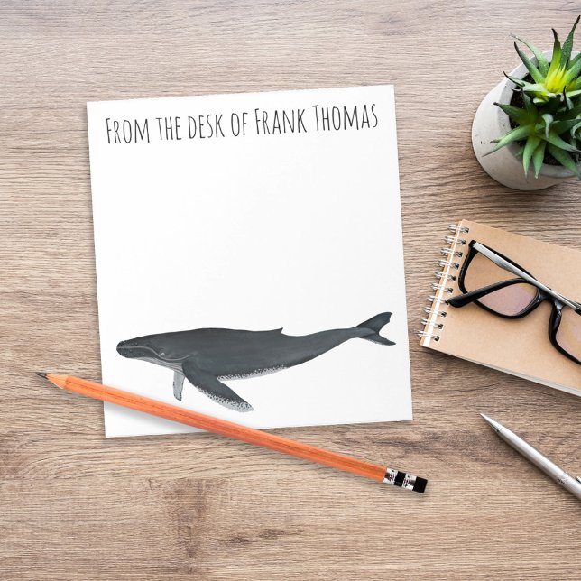 Bloc-note Papier personnalisé pour bureau avec baleine à bos (Personalized humpback whale desk stationery with coastal ocean theme design.)