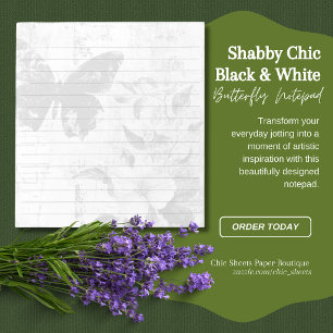 Bloc-note Papier Shabby Chic noir et blanc papillon floral l