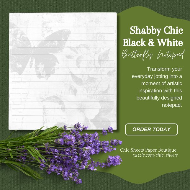 Bloc-note Papier Shabby Chic noir et blanc papillon floral l (Créateur téléchargé)