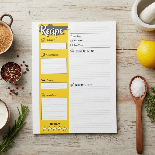 Bloc-note Papiers de cuisine de taille réelle | Pages de rec (Personalized basic recipe pages, printable  cook papers)