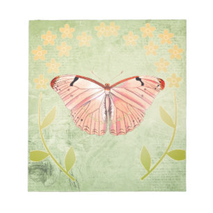 Bloc-note Papillon rose sur Arrière - plan Floral vert
