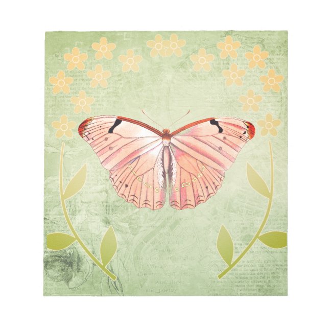 Bloc-note Papillon rose sur Arrière - plan Floral vert (Devant)