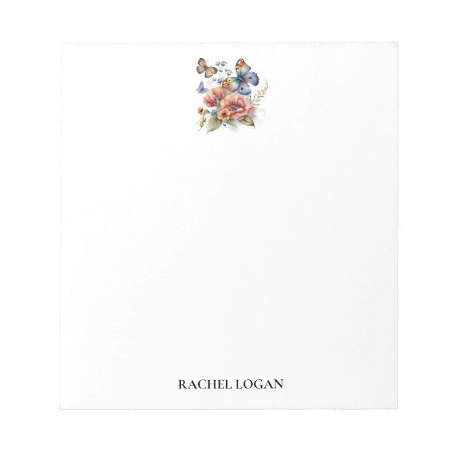 Bloc-note Papillons et fleurs aquarelles Personnalisés (Devant)