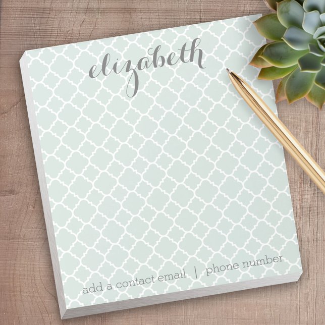 Bloc-note Pastel Mint & Grey Quatrefoil Motif Nom personnali (Personalized Notepad)
