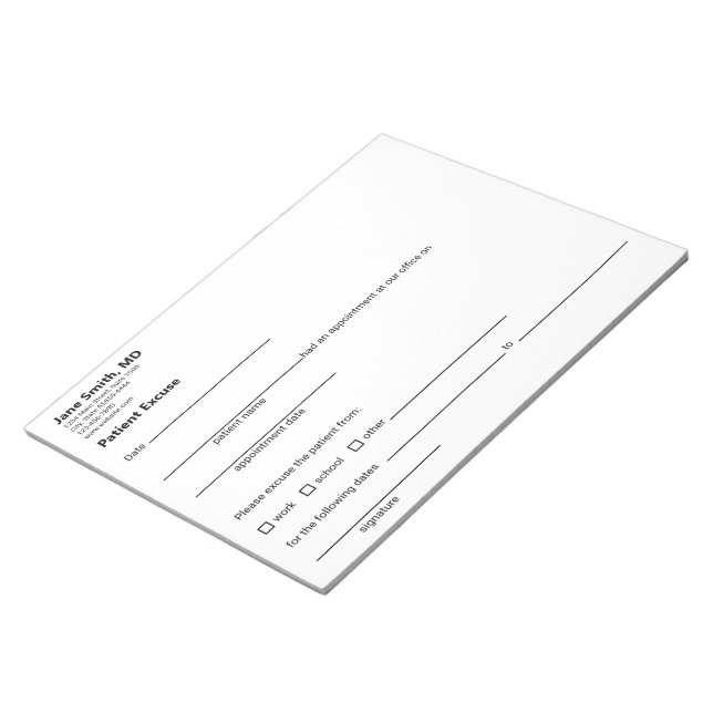 Bloc-note Patient Excuse Doctor Office Black White Template (Incliné)