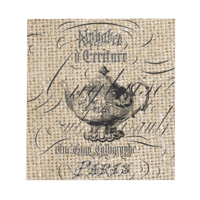 Bloc-note pays français burlap scripts teapot tea party (Devant)