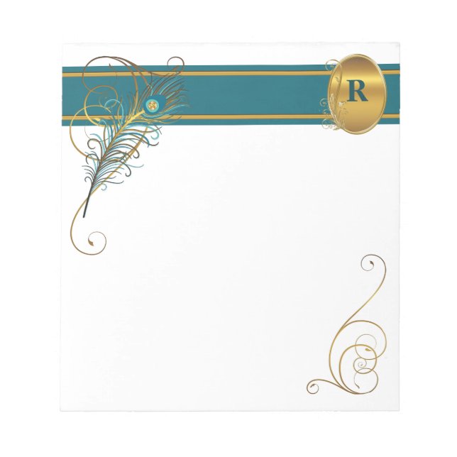 Bloc-note Peacock Turquoise monogramme avec des notes d'or (Devant)