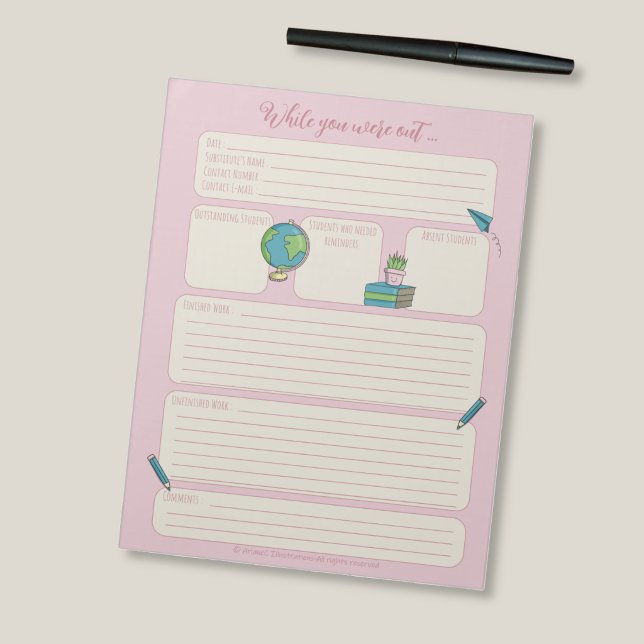 Bloc-note Pendant votre absence, commentaires de l'enseignan (While you were out sub teacher  feedback pink notepad .)