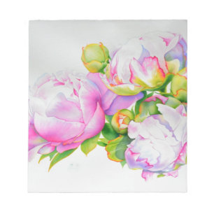 Bloc-note Peonis, rose, blanc, aquarelle florale