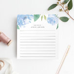 Bloc-note Peony bleu | Personnalisé<br><div class="desc">Le bloc-notes floral chic est doté d'une bordure supérieure de fleurs de pivoine aquarelle dans des tons doux de bleu avec des feuilles verts luxuriants. Personnalisez avec deux lignes de texte personnalisé en lettres modernes ; avec le message de bienvenue français "bonjour" et votre nom. Avec lignes.</div>