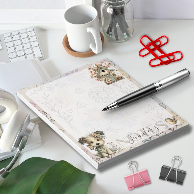 Bloc-note Personalized Pastel Dog & Floral Birdhouse Spring (Créateur téléchargé)