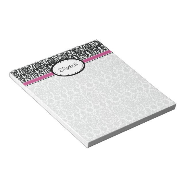 Bloc-note Personnalisé rose, noir, blanc Damas Floral (Incliné)