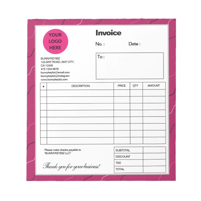 Bloc-note Pink Diagonal Stripe Entreprise Facture (Devant)