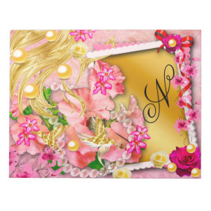 Bloc-note Pink Floral Collage Fairy Gold Bird Monogramme