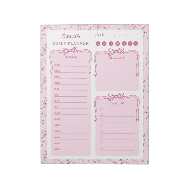 Bloc-note Pink Floral Coquette Bow To Do List Daily Planner (Tourné)