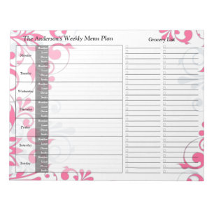 Bloc-note Pink Floral Hebdomadaire Personnalisé Menu Plan Bl