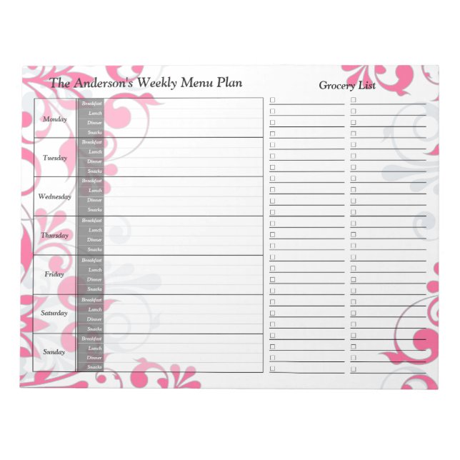 Bloc-note Pink Floral Hebdomadaire Personnalisé Menu Plan Bl (Devant)