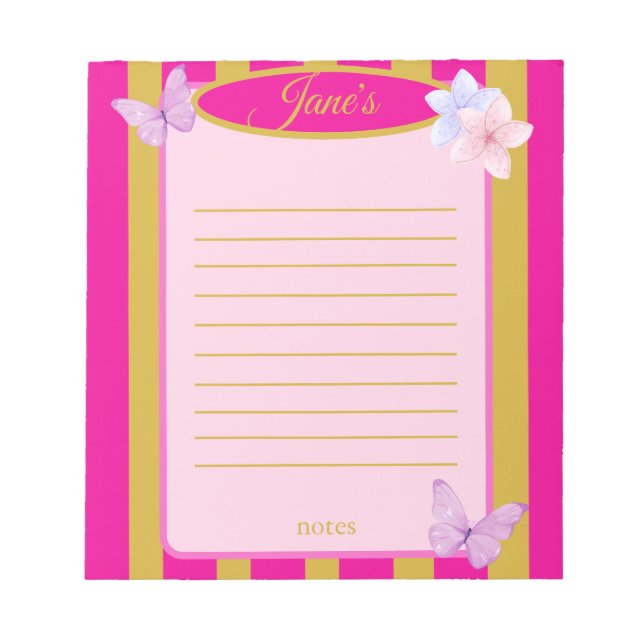 Bloc-note Pink & Gold Pinstripes Butterfly Floral  (Devant)