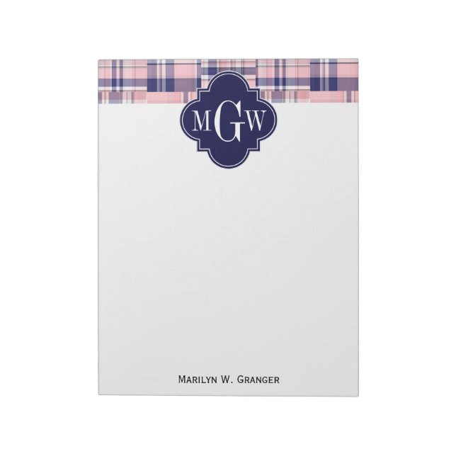 Bloc-note Pink, Navy Blue Preppy Patchwork Madras Monogram (Tourné)