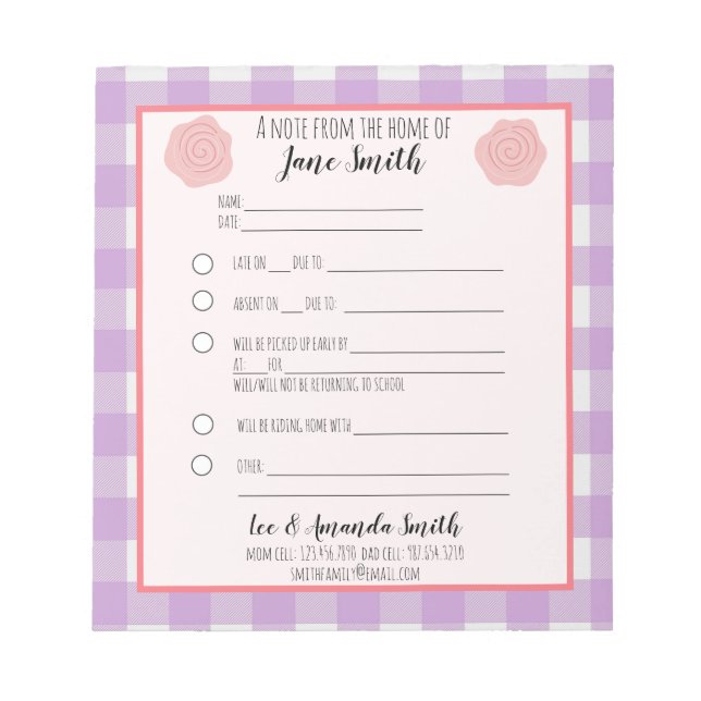 Bloc-note Pink Purple Flower School Note Excusez 1 enfant (Devant)