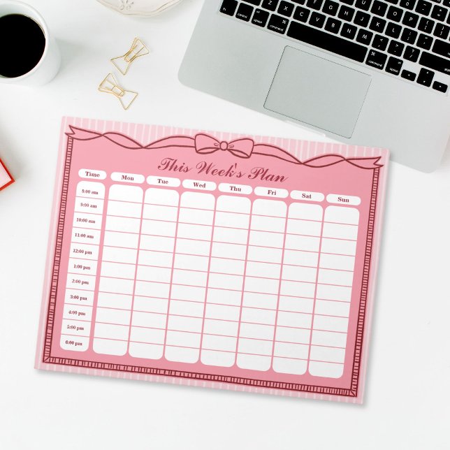 Bloc-note Plan hebdomadaire horaire avec ruban rose (Pink Bow This Week's Plan Hourly Schedule Notepad)