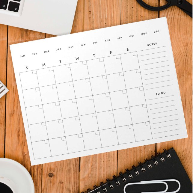Bloc-note Planificateur de calendrier mensuel minimal vide (minimalist, black and white monthly planner notepad)