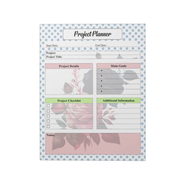 Bloc-note Planificateur de projets Roses rose et bleu (Tourné)