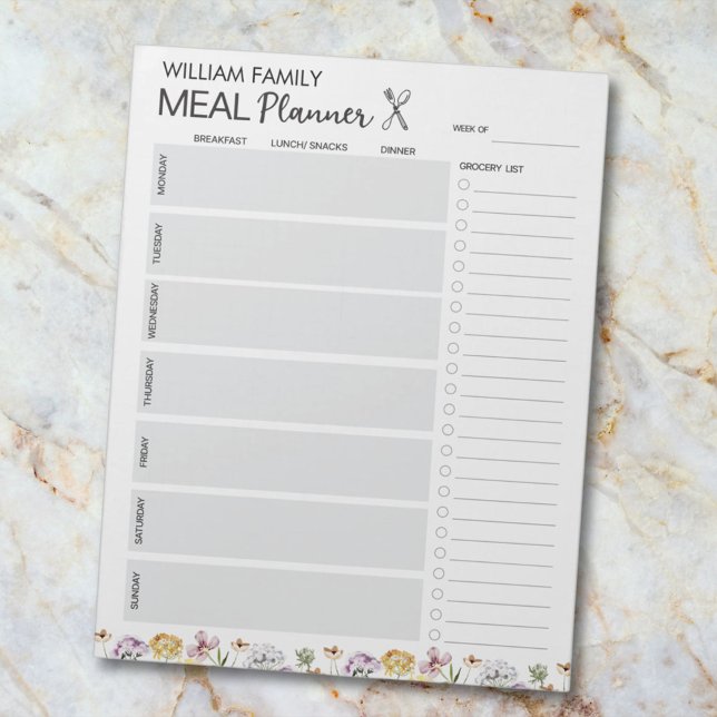 Bloc-note Planificateur de repas de jardin de fleurs sauvage (Clos eup)