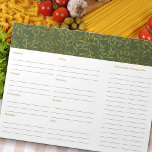 Bloc-note Planificateur de repas et liste d'épicerie rustiqu<br><div class="desc">Conception simple et propre pour votre planificateur de repas hebdomadaire et liste d'épicerie ou votre organisateur hebdomadaire général et liste d'activités. Le design a une bordure de lin rustique de campagne en vert avec motif fin feuille d'or. Ce tablette a 40 pages, chacune imprimée avec de l'espace pour écrire vos...</div>