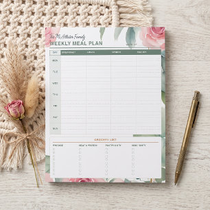 Bloc-note Planificateur de repas familial floral rose aquare