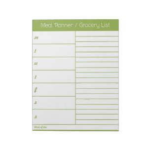 Bloc-note Planificateur de repas hebdomadaire vert - Liste d