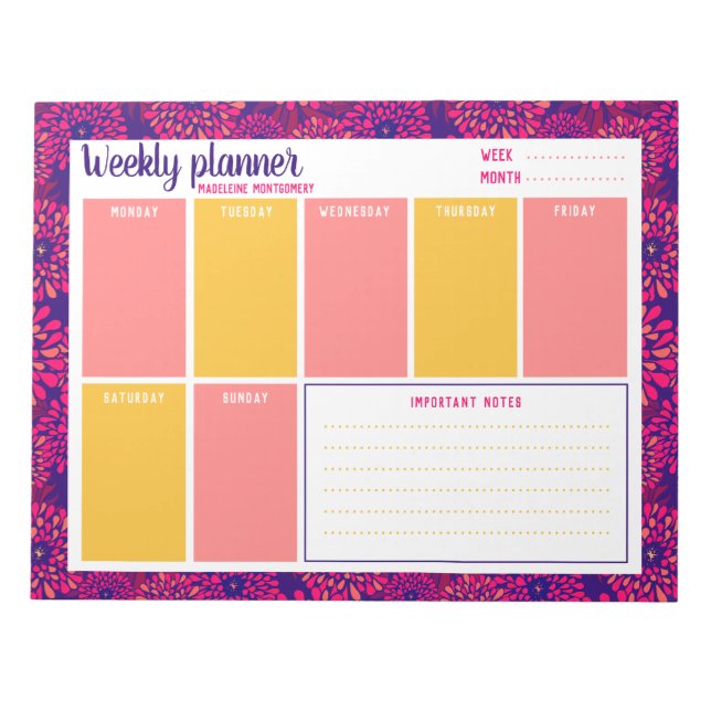 Bloc-note Planificateur Hebdomadaire Fleur Moderne Nom Perso (Devant)
