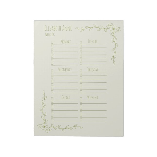 Bloc-note Planificateur hebdomadaire floral vert et crème (Tourné)