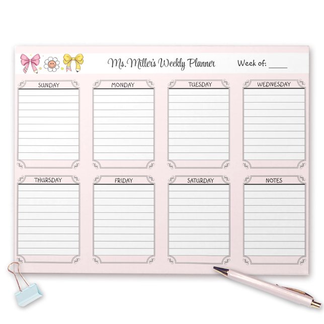 Bloc-note Planificateur hebdomadaire Pink School Nom de l'en (Weekly Planner Pink School Teacher Name Tear Away Notepad)