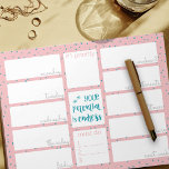 Bloc-note Planificateur hebdomadaire Quotidien À Faire Liste<br><div class="desc">Ce planificateur hebdomadaire personnalisé comporte 12 sections pour vous permettre de hiérarchiser les tâches et d'organiser votre semaine. Le design comporte une phrase positive au centre, qui dit "votre potentiel est sans fin". Il a une palette de couleurs tendance de laitshake rose, bleu océanique et gris clair, avec une empreinte...</div>