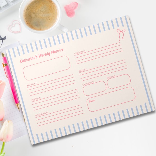 Bloc-note Planificateur hebdomadaire rayé bleu avec un joli  (Cute Pink Bow Blue Striped Weekly Planner Notepad)