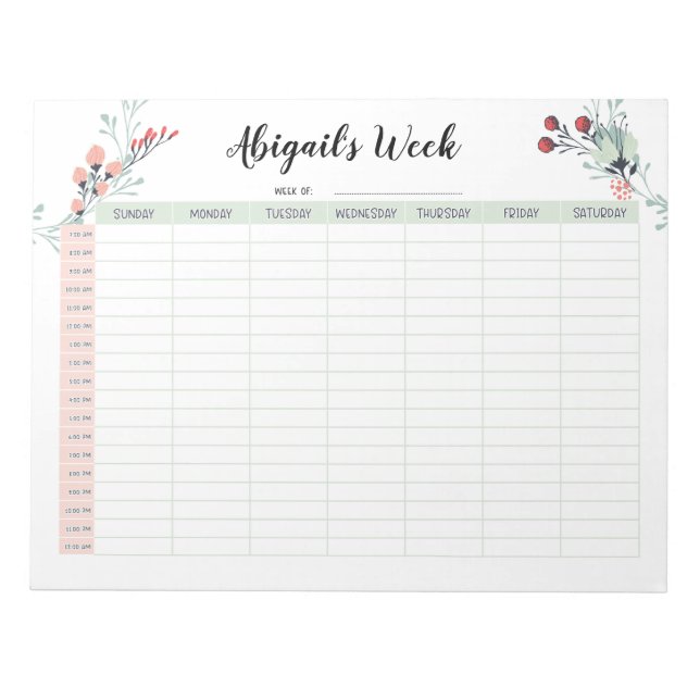 Bloc-note Planificateur horaire hebdomadaire avec dimanche D (Devant)