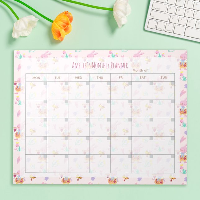 Bloc-note Planificateur mensuel à motif floral de lapin rose (Créateur téléchargé)
