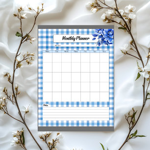 Bloc-note Planificateur Mensuel Gingham Floral Bleu